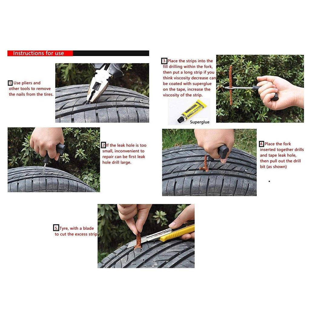Complete Tubeless Tyre Puncture Repair Kit (Nose Pliers + Cutter + Rubber Cement + Extra Strips)