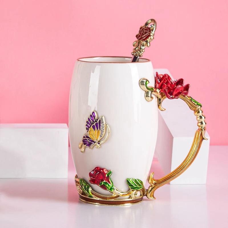 vintage Handmade Ceramic Enamel Mug – Artistic Floral Coffee & Tea Cup, Elegant Office & Home Drinkware Gift for Women 301-400ml