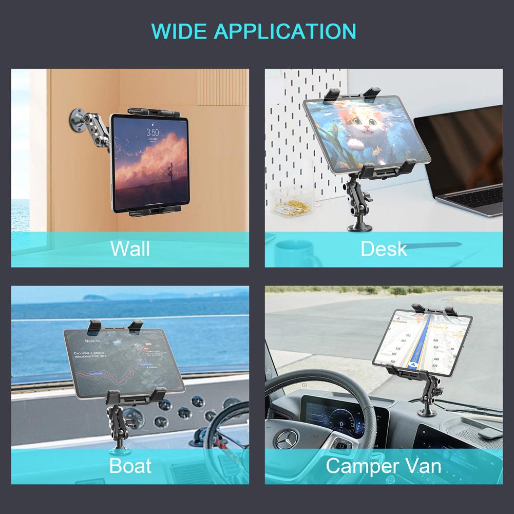 Držák telefonu do auta Hliníkový Odolný Vrtací základ Držák tabletu 360° Nastavitelný Dlouhé rameno Držák telefonu na palubní desku do auta pro 5-15" iPad