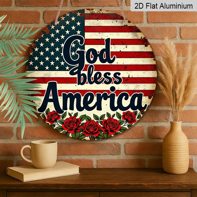 2D Flat, 1pc Heavy-Duty Retro God Bless America Round Metal Sign - Vintage Aluminum Wall Decor Suitable for Home, Office, Garage, 4th of July Gift