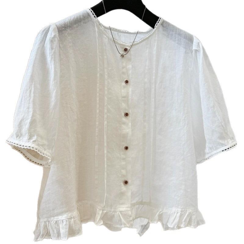 Women Frill Trimmed Round Collar Short Sleeve Casual Thin Summer Shirt