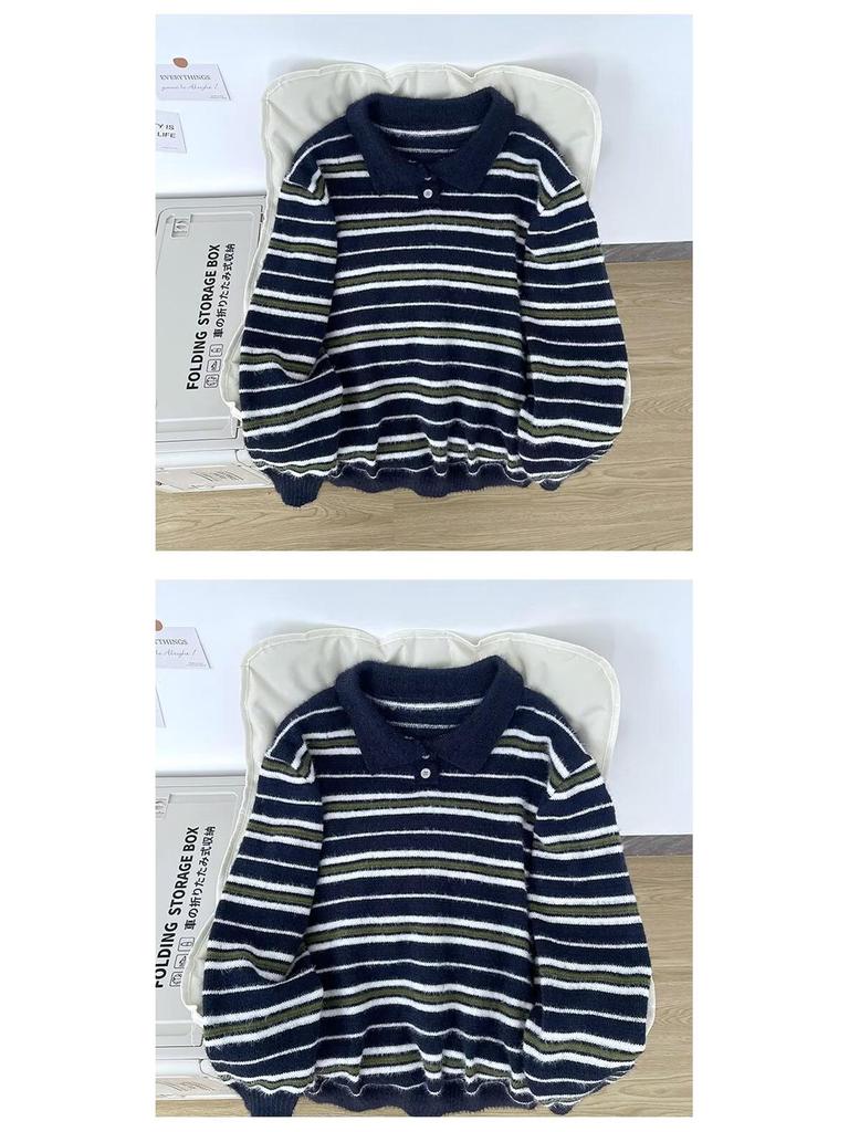 Men's Autumn/Winter High-End Retro Polo Collar Striped Mink Fur Sweater