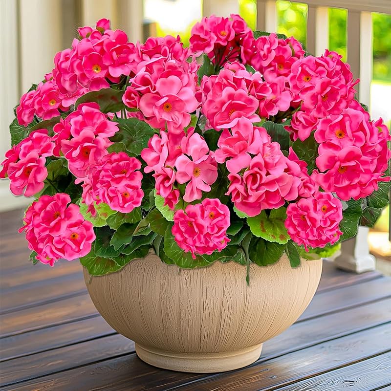 Artificial Geraniums Flowers for Outdoors Summer Decor, 4 Bundles UV Resistant Fake Geraniums Flowers Silk Faux Plants for Home Planter Gardens Table