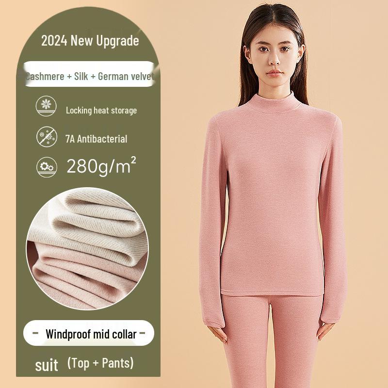 Damen- und Herren-Kaschmir-Seiden-Thermo-Unterwäsche-Set für Herbst/Winter – Warm, verdickt, halbochgeschnitten für Erwachsene