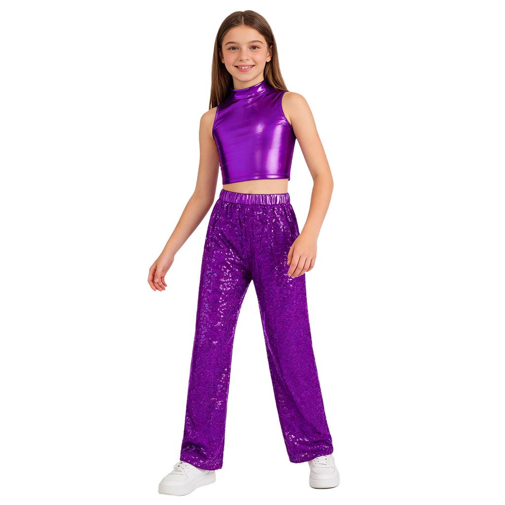 Kids Jazz Dance Costume Sleeveless Mock Neck Metallic Top and High Waist Sparkle Sequin Pants for Stage Competition
