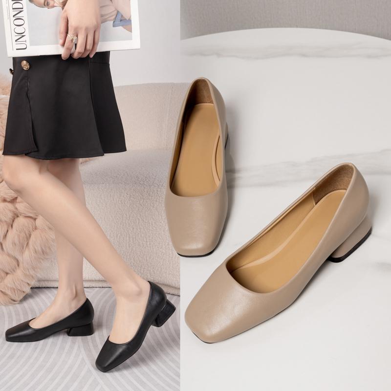 New Square Head Shallow Mouth Square Heel Small Leather Shoes Women's Elegant Fashion High Heels Dress Shoes Zapatos Mujer