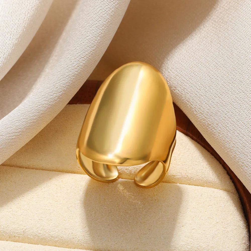 Stainless Steel Geometric Rings For Women Men Gold Color Wide Oval Jewelry Hippie Punk Opening Ring Wedding Party Gift