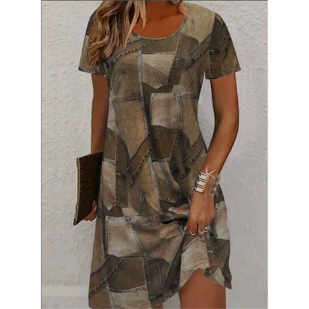 Patchwork Cowboy Pattern Women Mini Dresses Summer Short Sleeve 3D Printed Streetwear Ladies Dress Casual Dress