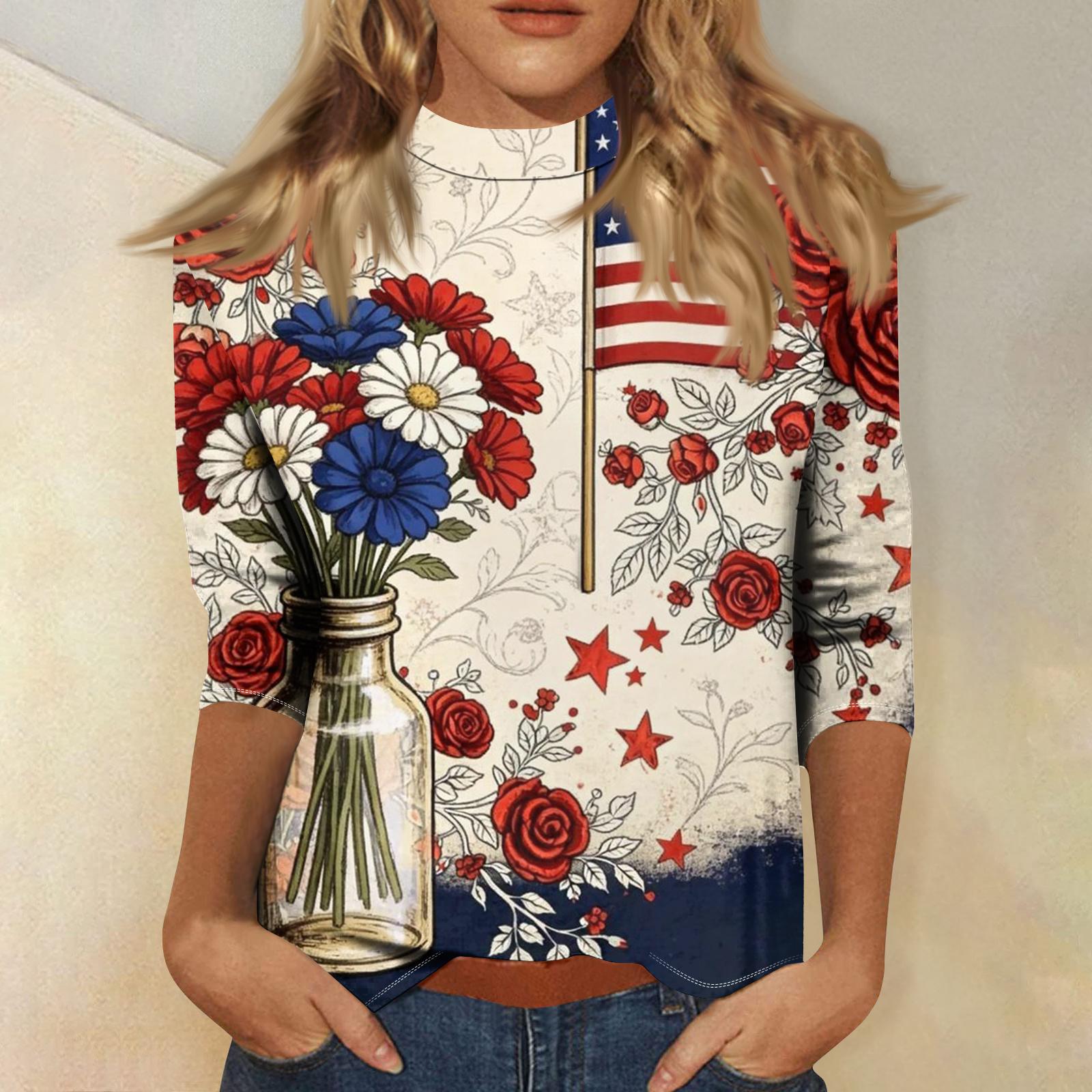 

Женская модная повседневная футболка с принтом ко Дню независимости, с воротником-стойкой, рукавом 3/4 L