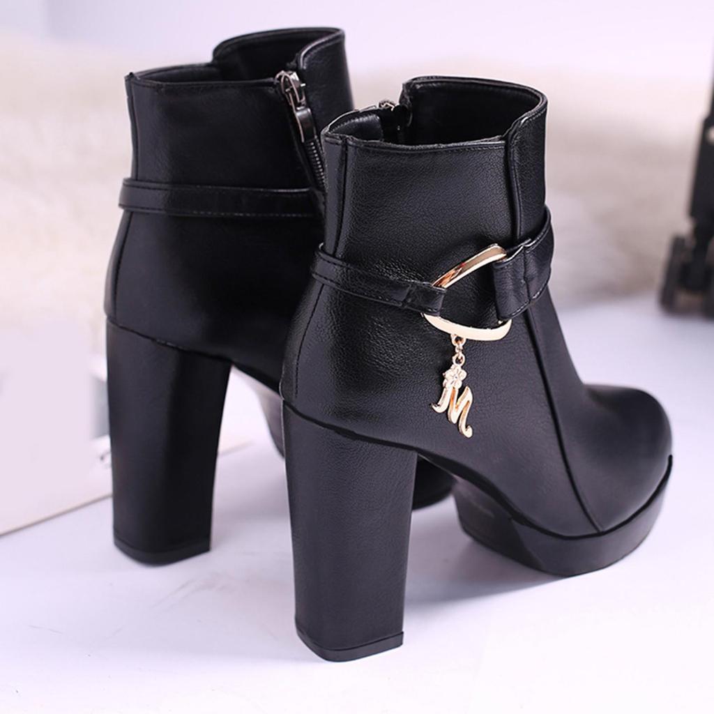Chunky High Heel Women's Leather Boots Fashionable Casual Solid Color Thick Bottom Ankle Boots Boots for Women with Heel High