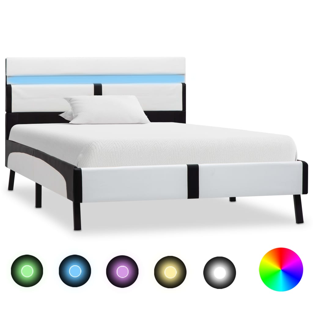 LED-Bettgestell in Weiß und Schwarz Kunstleder 90*200 cm