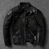 Pele de ovelha Planta curtida Vintage Lavagem para fazer Velho Primeira camada de couro Jaqueta de couro Jaqueta curta de couro para motocicleta masculina Casaco de gola alta Maré