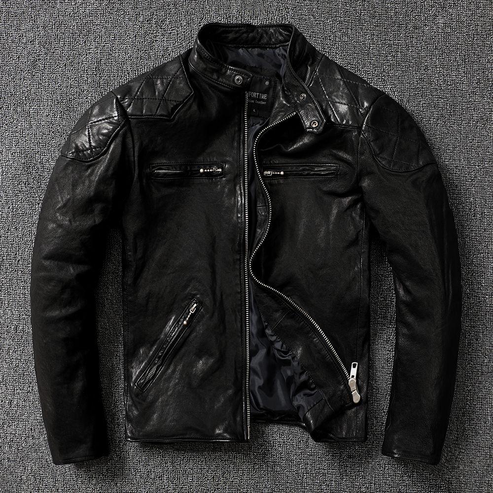 Pele de ovelha Planta curtida Vintage Lavagem para fazer Velho Primeira camada de couro Jaqueta de couro Jaqueta curta de couro para motocicleta masculina Casaco de gola alta Maré