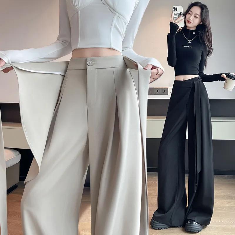Lange, weite Damenhose mit Wickelgürtel und hohem Bund