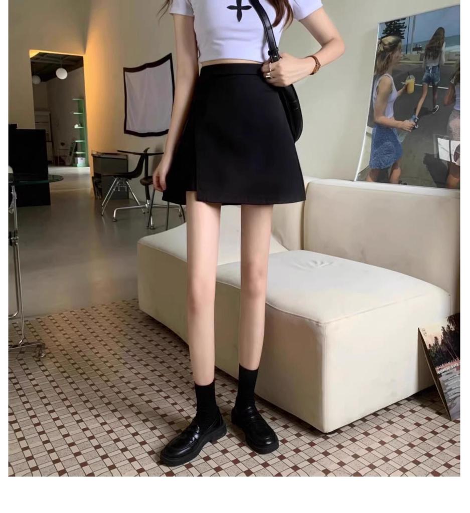 2025 Black Plus Size High Waist Slimming A-Line Slit Short Skirt for Women