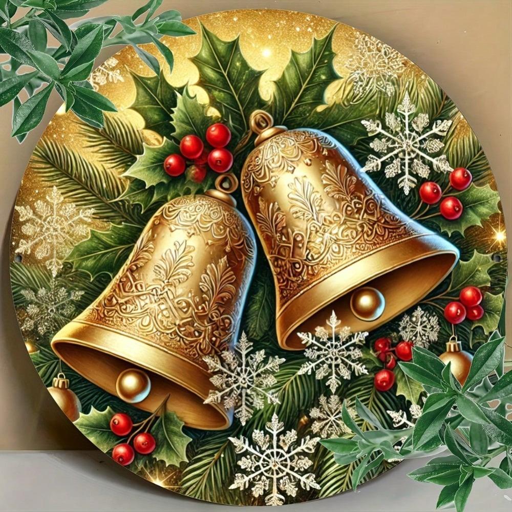 Metal Christmas Bell Round Sign Holiday Decor Vintage Home Wall Art Gift