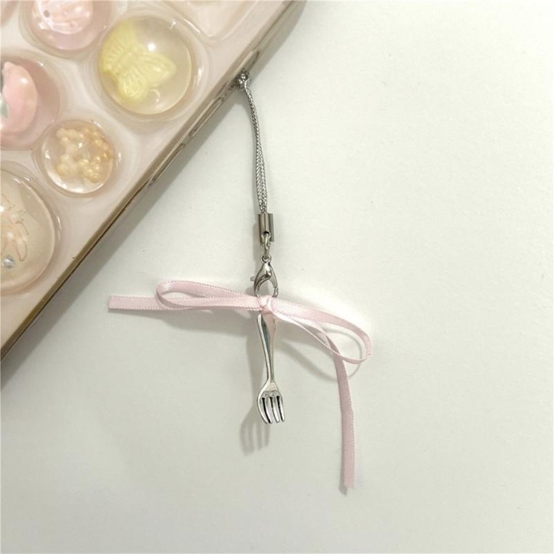 Ribbon Bowknot Phone Strap Fork Pendant Phone Chain Detachable Bows Phone Lanyard Keychain for Bag Backpack Kerying Gift