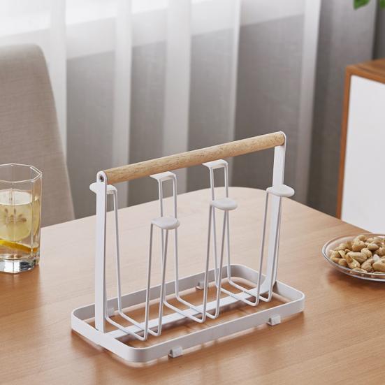 Yousheng 6-Hook Iron Cup Holder Rustproof Metal Drying Rack with Wooden Handle Space-Saving Kitchen Organizer for Mugs Glasses Bottles