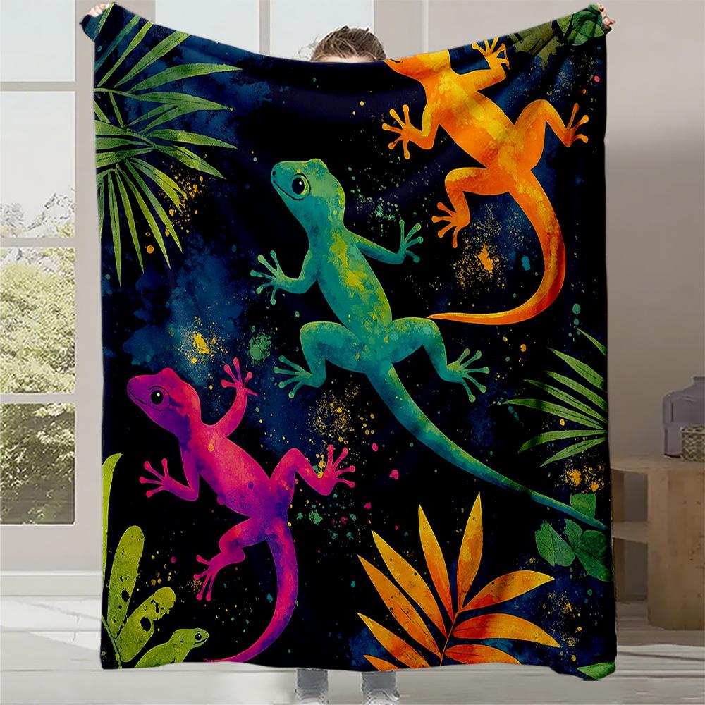 

1pc Tropical Gecko Print Flannel Blanket - Soft, Warm, and Durable All-Season Bedspread with Vibrant Lizard & Palm Tree Design 30x40in