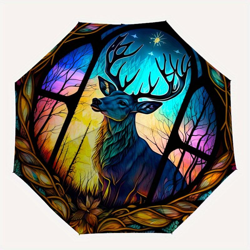 Deer Window Panel  Vibrant Forest Scene" Umbrella, Portable 3 Fold Compact Umbrella for Men & Women,S281