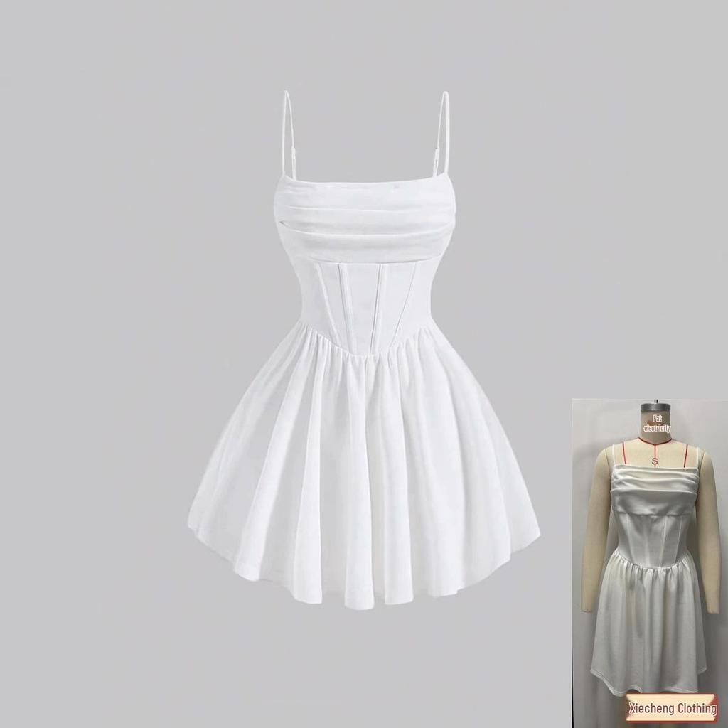 New Summer Fashion Evening Gown: Sexy Solid Color Pleated Dress with Back Zipper & Spaghetti Straps