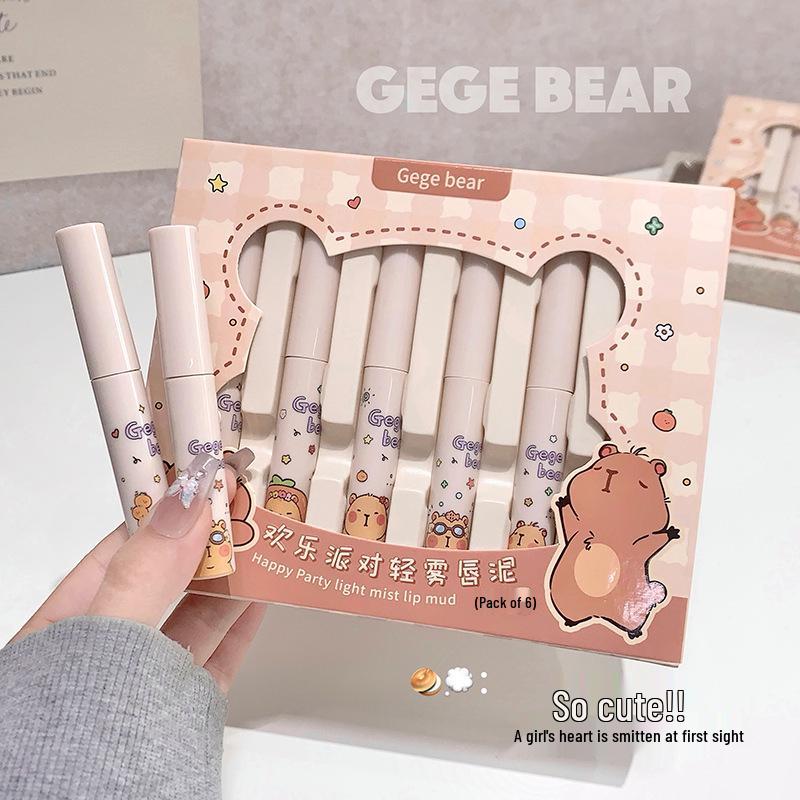 Gege Bear Soft Matte Lip Mud Set - Low Saturation, Happy Party Collection for Students, Autumn/Winter Whitening Lipstick