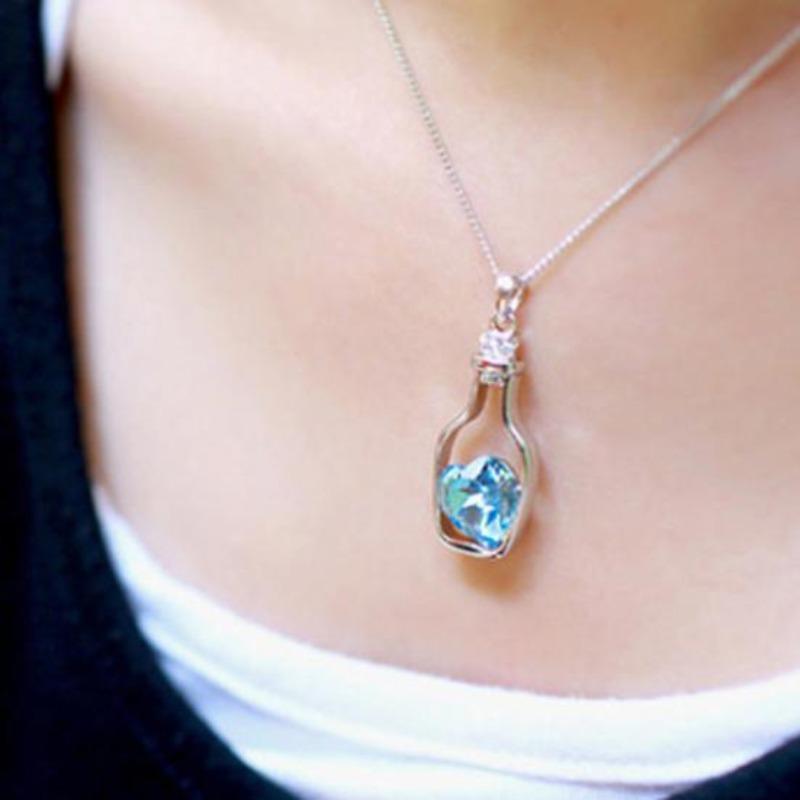 Women Drift Bottle Pendant Heart Rhinestone Inlaid Necklace Jewelry Gift