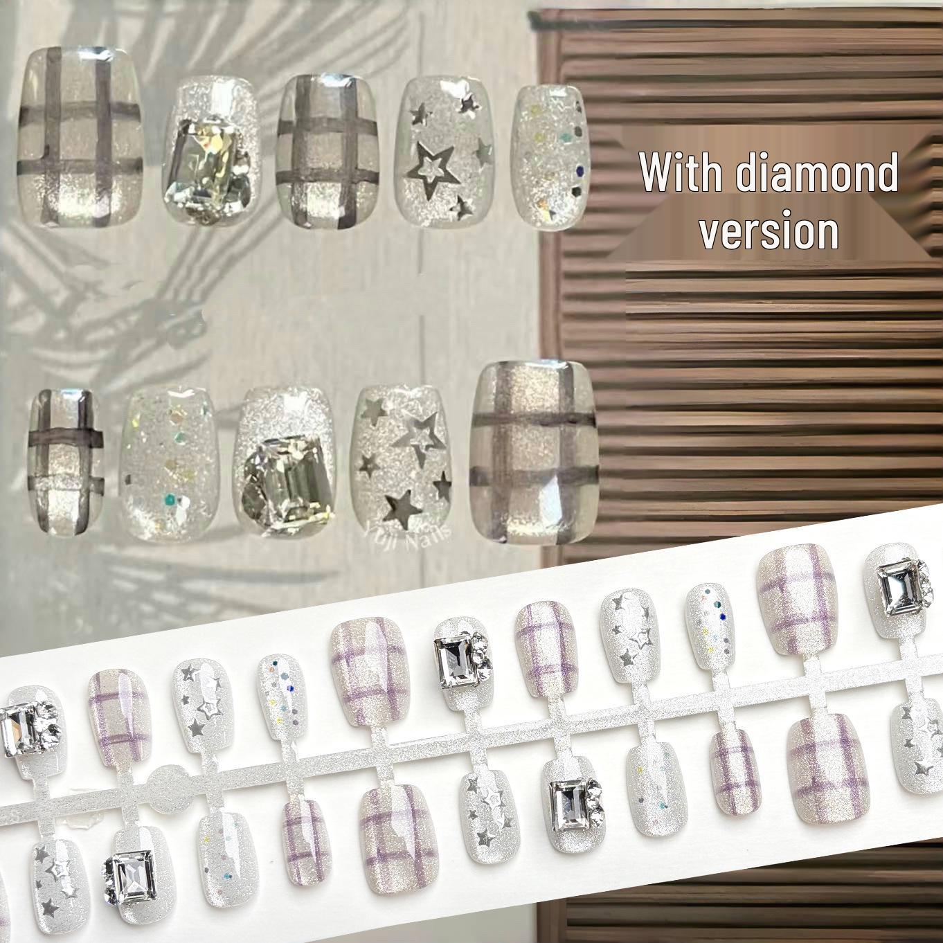 

Gold-Plated Diamond Version Press-On Nails: Japanese Cat Eye Glitter with Colorful Polka Dot Design YM622 Silver White Plaid [XS/S/M]