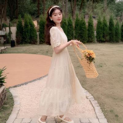 Summer Updated Dress Female Sweet and Gentle Temperament Bubble Sleeve Mori Fairy Medium and Long Dress