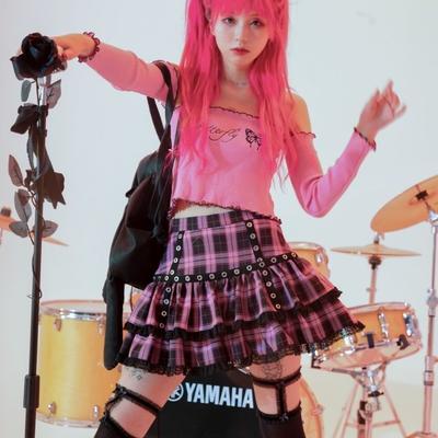 Lolita Cake Mini Skirts Gothic Japanese Harajuku Girls Purple Pink Plaid Pleated Skirt Punk Sweet Lace Kawaii Cosplay Costume