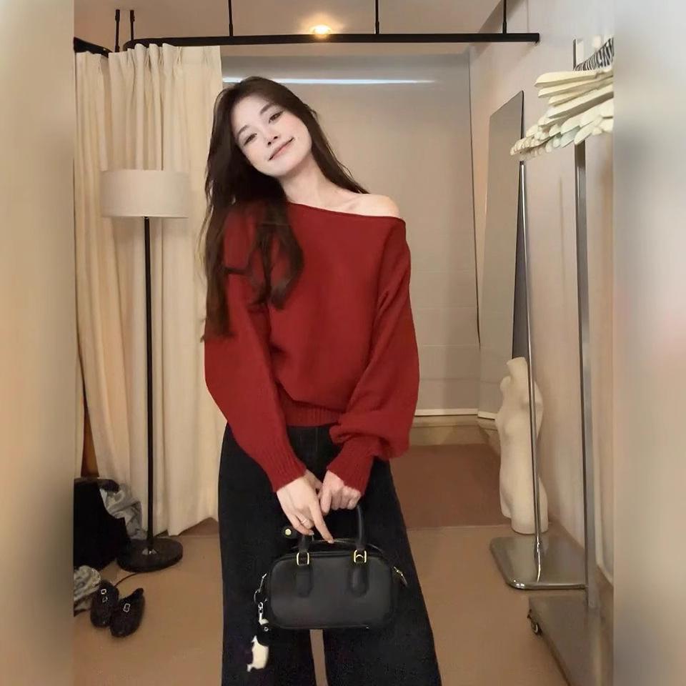 Asymmetrical One-Shoulder Gray Knit Sweater - Women's 2024 Autumn Loose-Fit Pullover
