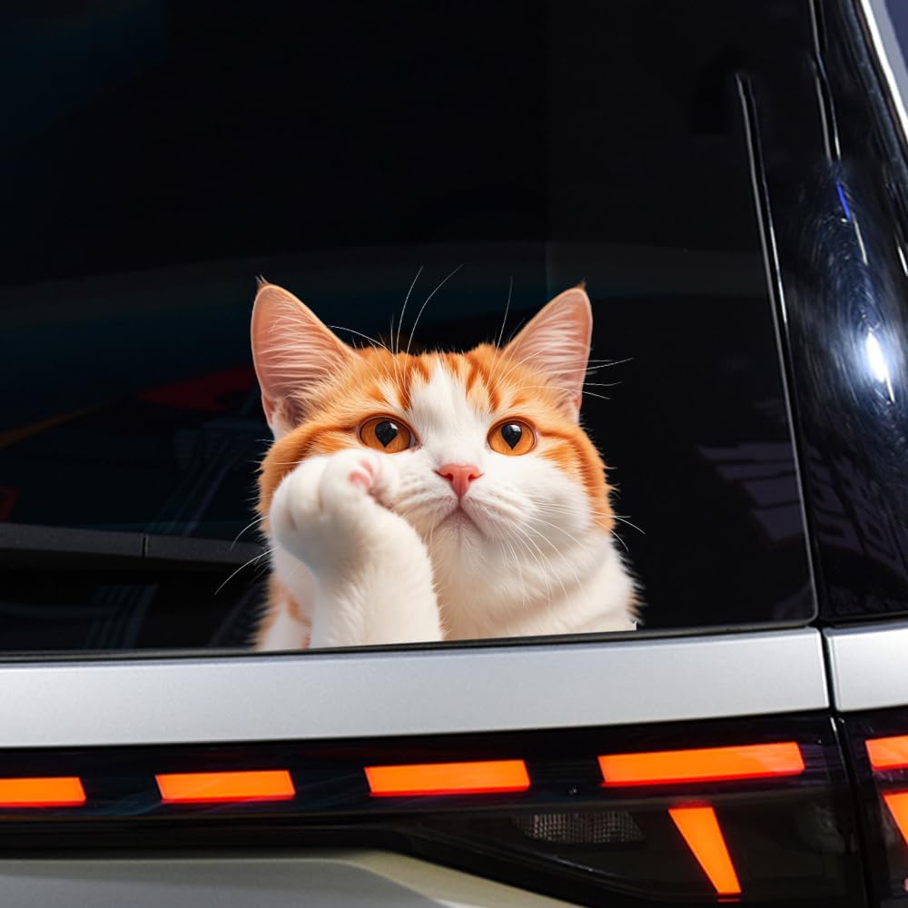 

Cat Car Window Decals Funny 3D Waterproof Decals,Orange Cat Stickers,PVC Realistic Automotive Sticker, for Refrigerator,Toilet, Wall.Bathroom,1pcs Hold Up One s Chin