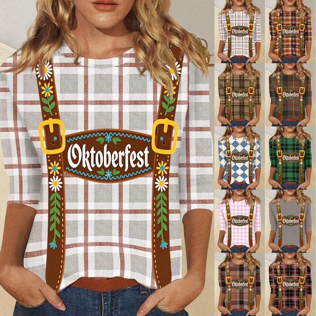 Damen Lässiges Dreiviertelarm Oktoberfest-Print Rundhals Karomuster Oberteil mit Blumen-Träger-Design für Festival-Kleidung