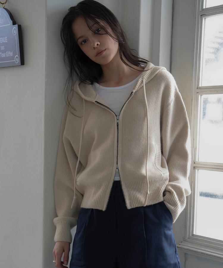DEHEVE Two-Way Hood Zip-Up Knit [Beige]