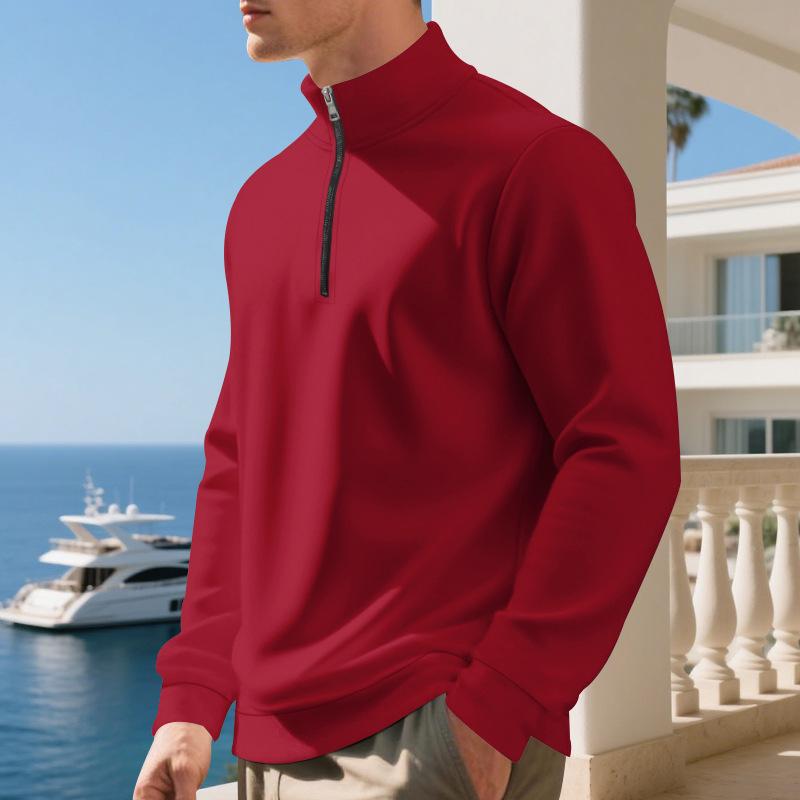 Pulôver Plus Size de Outono/Inverno com Forro de Lã e Meio Zíper, Cor Lisa, Moletom Casual para Homens