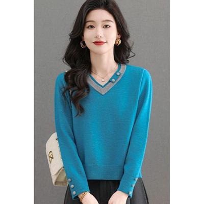 Pullover Damen Colorblocking Kurz Modisch V-Ausschnitt Basic Shirt Top