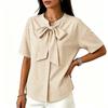 Women Loose Fit Striped Short Sleeve Blouse with Bow Tie Front Casual Relaxed Fit Top for Everyday Wear Office Work