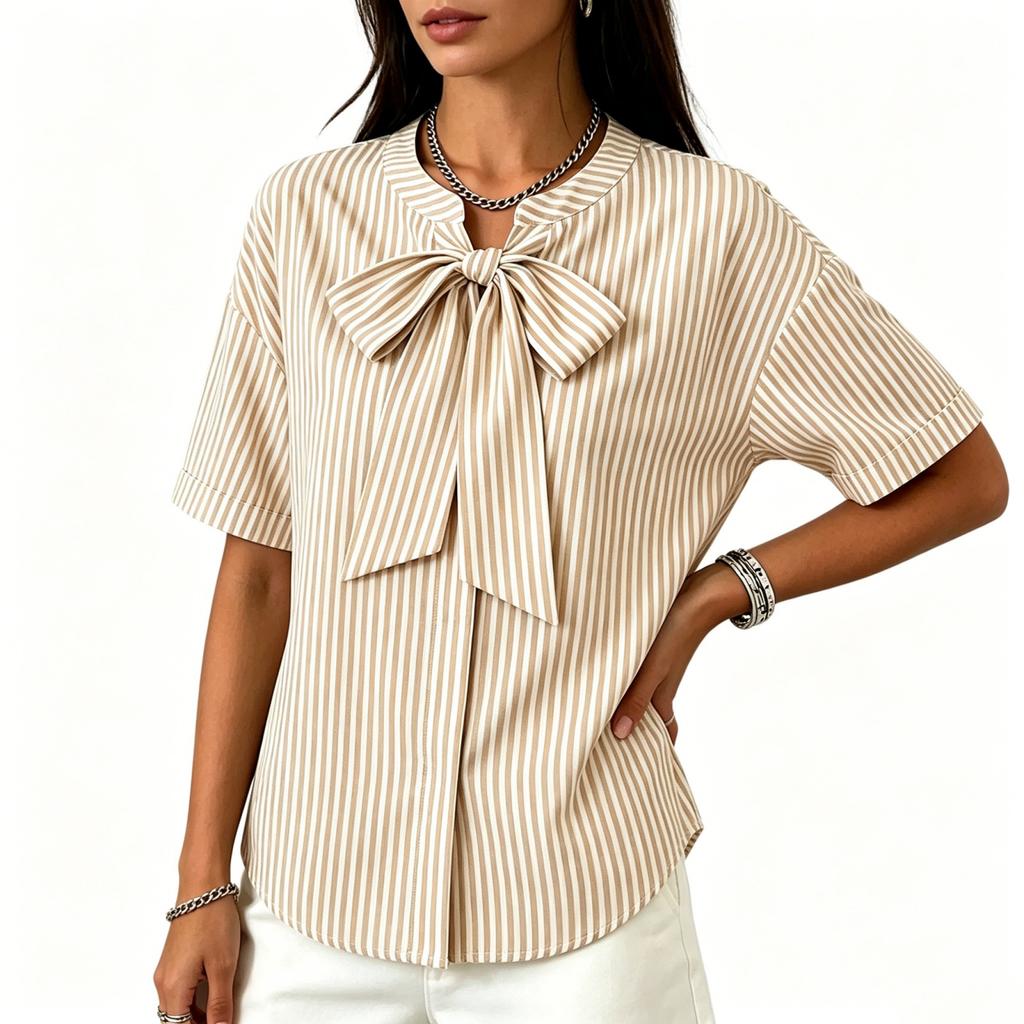 Women Loose Fit Striped Short Sleeve Blouse with Bow Tie Front Casual Relaxed Fit Top for Everyday Wear Office Work