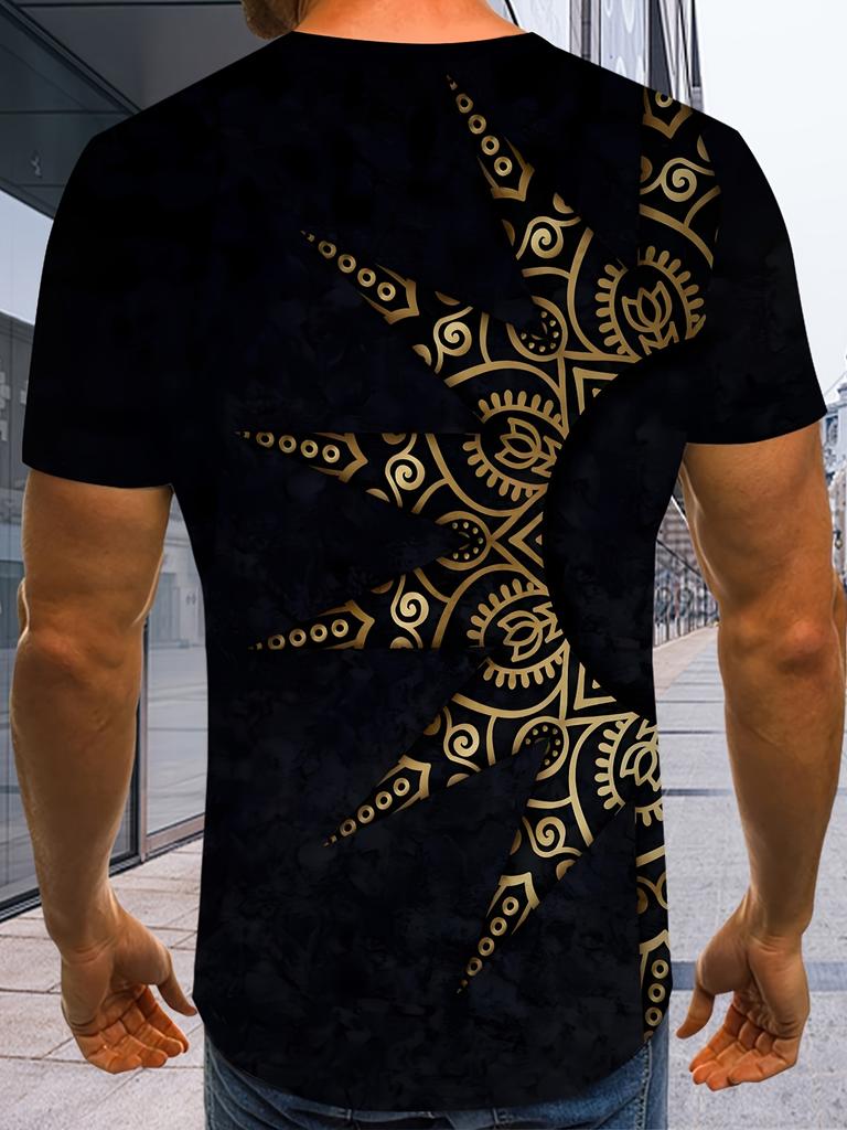 Men'S Black Short-Sleeve T-Shirt with a Golden Mandala Geometric Patchwork Print, Round Neck Top, Perfect for Trendy Streetwear with a Vintage Vibe. A