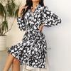 Women's Spring Floral Print V Neck Lace Up Dress Long Sleeve High Waist Knee Length Pleated