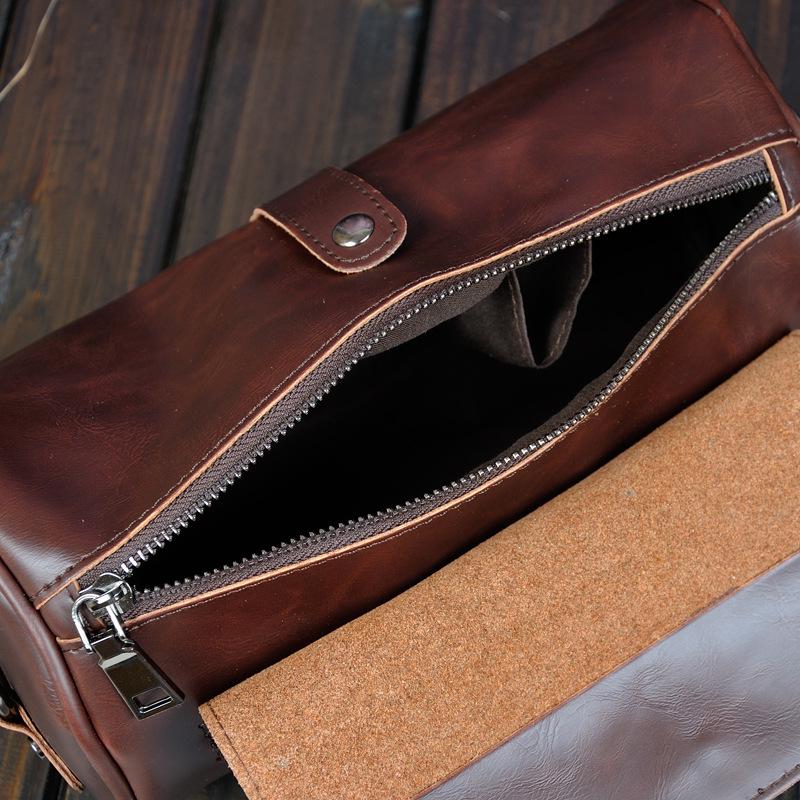 Korean Retro Crazy Horse Leather Men's Shoulder Messenger Bag - Trendy Cylindrical Design