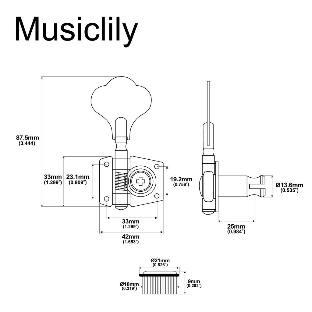 Musiclily Basic L2+ R2 Open Gear Bass Tuners for 4-String Ibanez-Style Electric Basses, Chrome