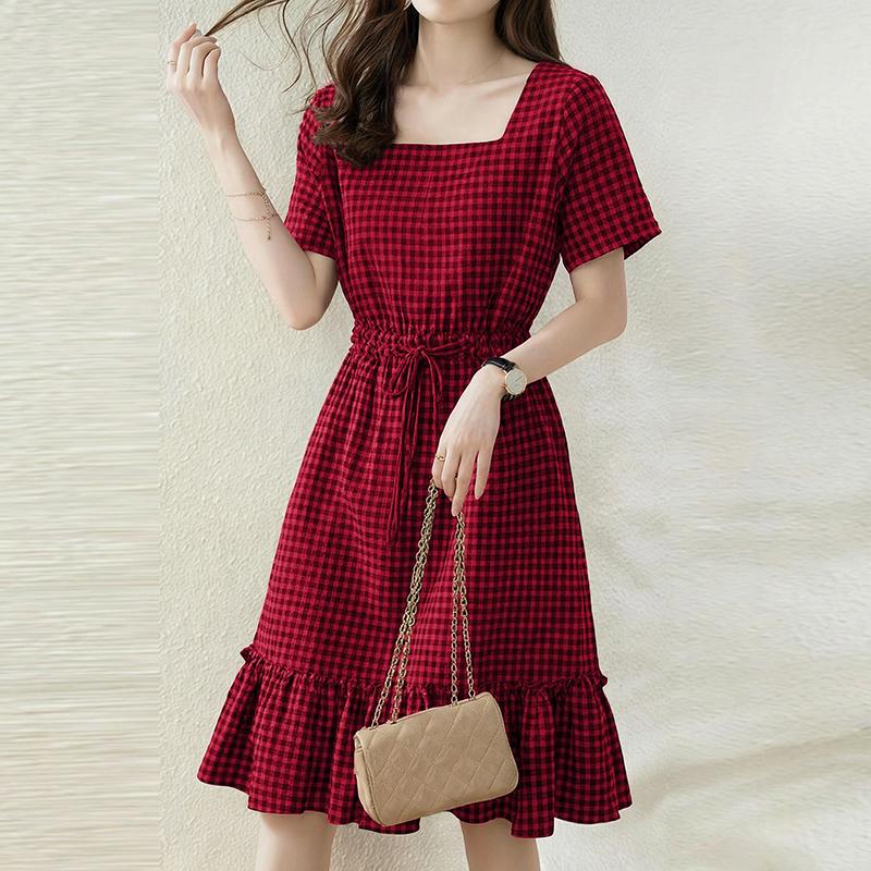 

ZANZEA Women Casual Square Collar Summer Short Sleeve Grid Print Dress 5XL червоний
