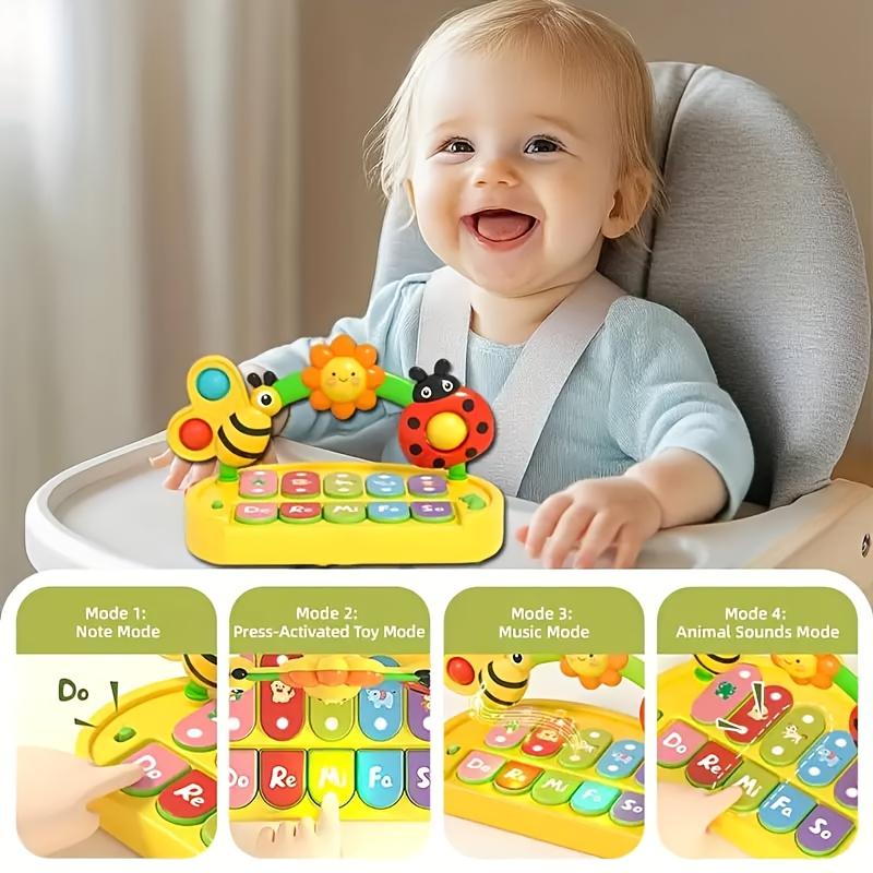 פסנתר צעצוע מוזיקלי עם 4 מצבים בנושא חרקים, עם אורות, כלי לתרגול אצבעות לתינוקות, פעוטות, מקלדת אלקטרונית לאימון חושי, מופעל על ידי סוללות
