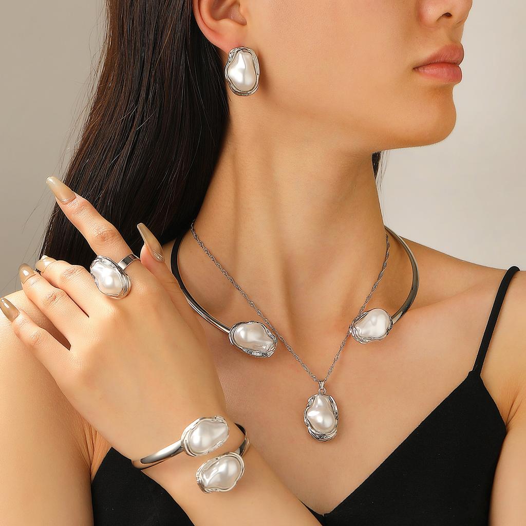 European and American Baroque Special-shaped Pearl Set Jewelry Women's High-end Necklace, Stud Earrings, Bracelet Collar