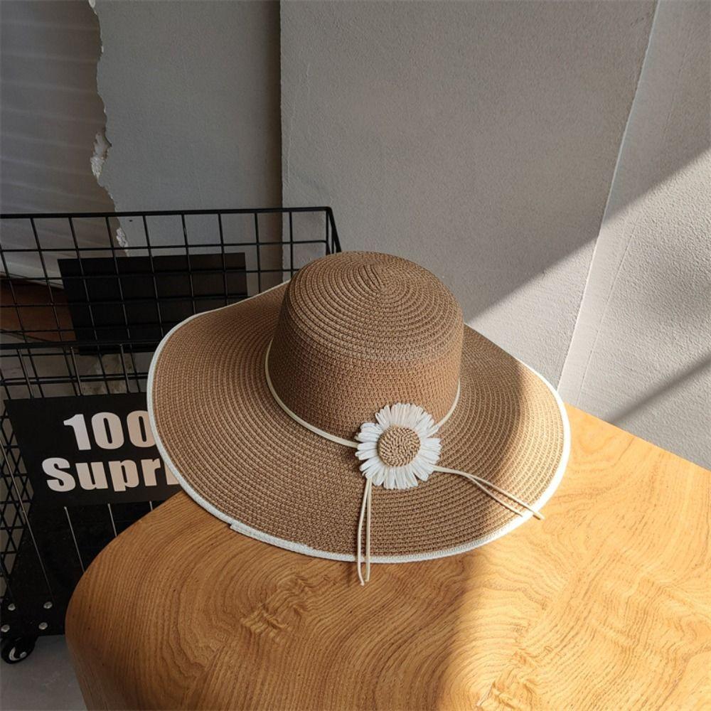 

Wide Brim Folding Straw Hats Sun Flower Women s Sun Hat Ins Bohemian Straw Hat Vacation білий