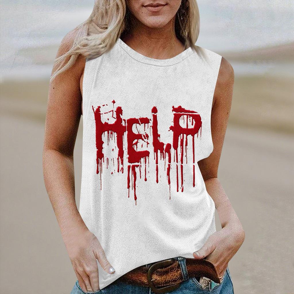 Women's Round Neck Casual Sleeveless Halloween Printed Vest T-Shirt Top