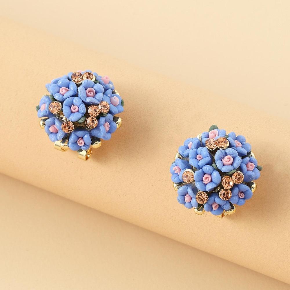 Romantic Ceramic Flower Rose Diamond Alloy Earrings Temperament Ear Buckle Exquisite Stud Earrings Jewelry Popular
