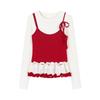 Sweet wind age-reducing fake two-piece long-sleeved T-shirt women's spring niche fungus lace inner with thin short top