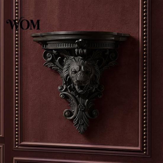 French Style Wall Shelf Shelf, Matte Black Texture Decorative Stand, Retro Lion Embossed Mounted Thickened One-Piece Structure Display Rack